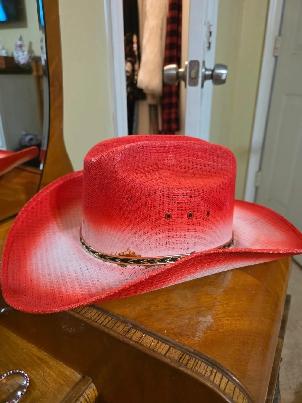 Red Ombre Straw Western Hat with Braided Accent